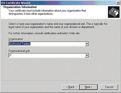 IIS Certificate Wizard - Organization Information